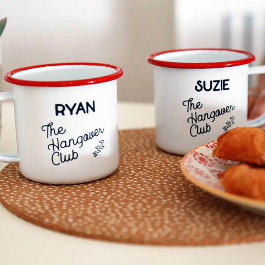 Personalised Hangover Club Enamel Mug Set Of Two   