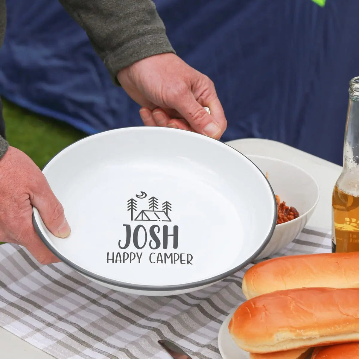 Personalised Happy Camper Enamel Camping Bowl - Tent Logo   