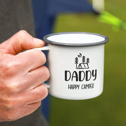 Personalised Happy Camper Enamel Camping Mug - Tent Logo   