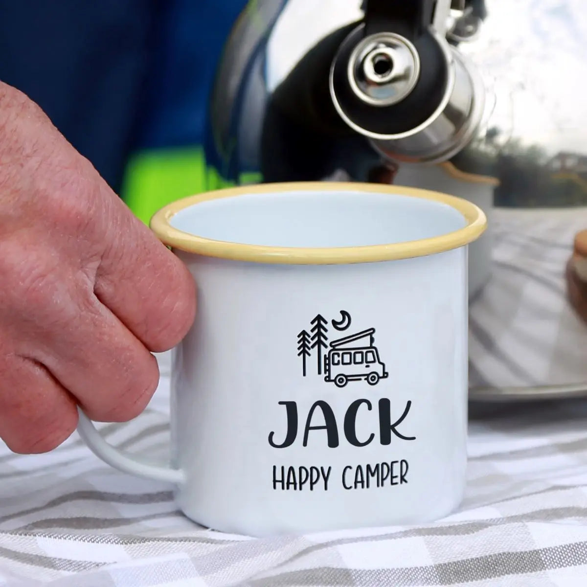 Personalised Happy Camper Enamel Camping Mug - Van Logo   