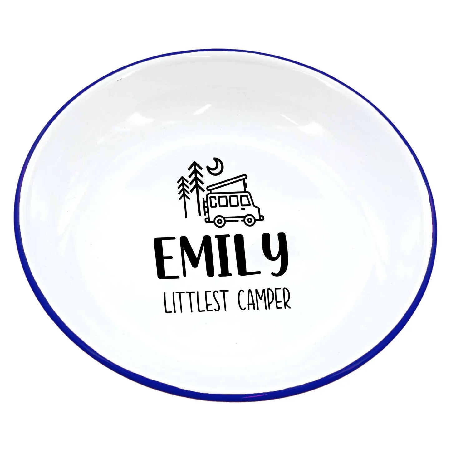 Personalised Littlest Camper Enamel Camping Bowl - Van Logo - Duncan Stewart 1978 Enamel-White-with-Blue-Rim Duncan Stewart 1978