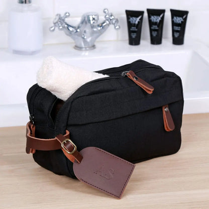 Personalised Luggage Tag And Canvas Wash Bag Set Black  