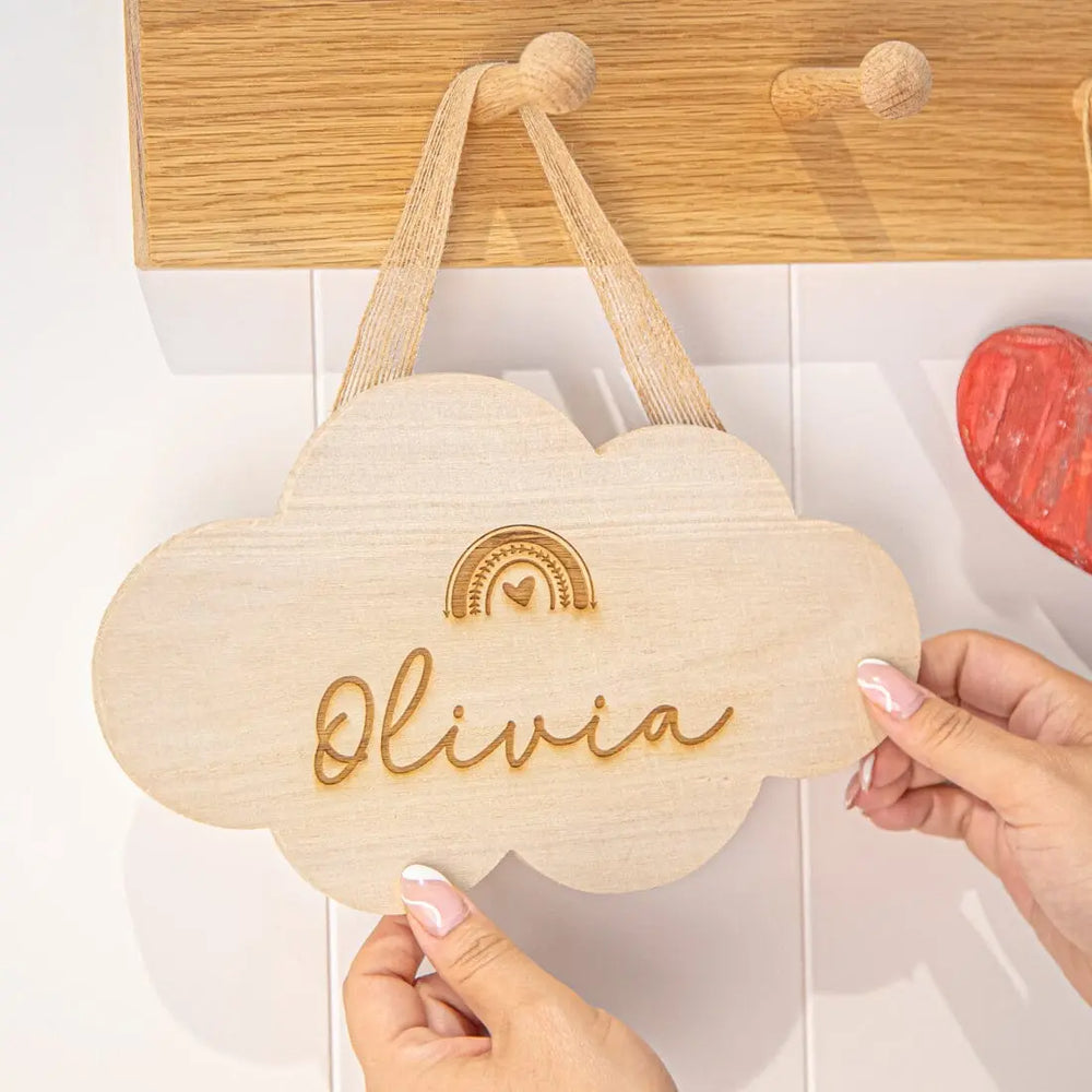 Personalised Rainbow Cloud Wooden Sign  on the door