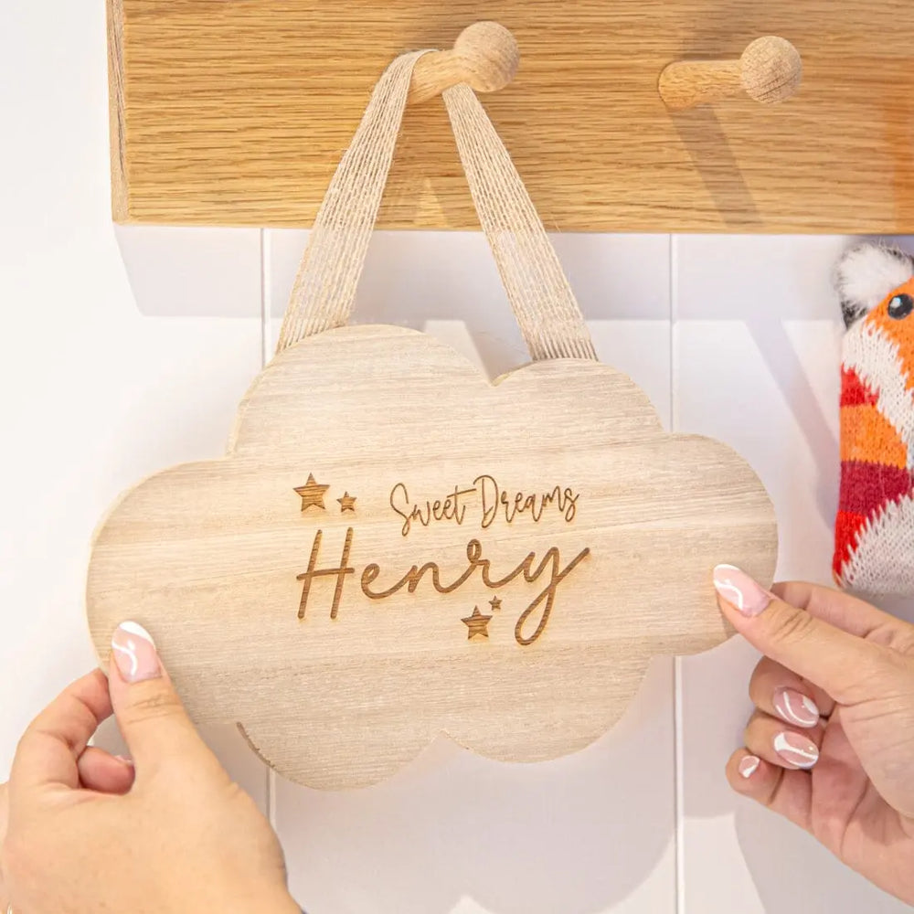 Personalised Sweet Dreams Cloud Wooden Sign hanging on the door