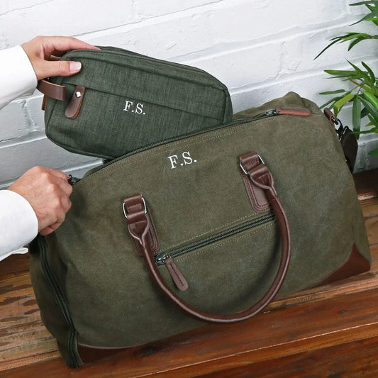 Personalised Vintage Canvas Weekend Holdall Bag With Matching Wash Bag   