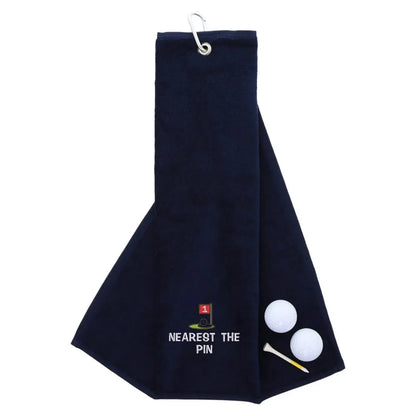 Tri-Fold Golf Towel Embroidered For Nearest The Pin Competition Navy  
