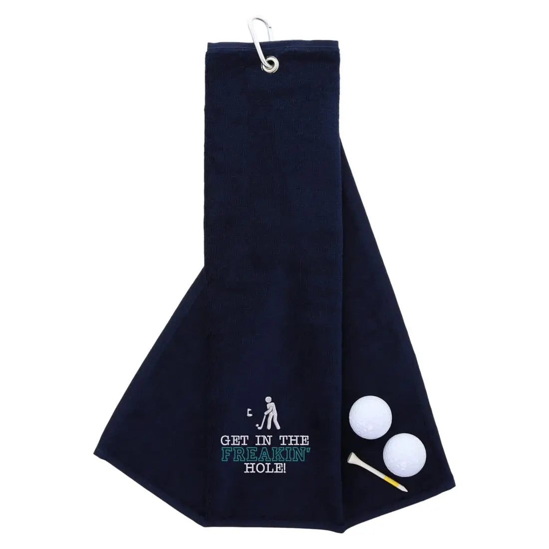 Tri-Fold Golf Towel Embroidered With Get In The Freakin' Hole Logo Navy  