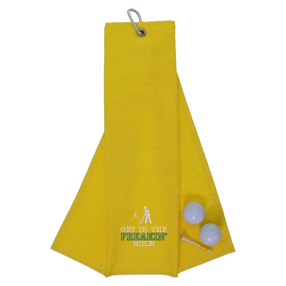 Tri-Fold Golf Towel Embroidered With Get In The Freakin' Hole Logo Yellow  