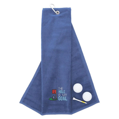 Tri-Fold Golf Towel Embroidered With Hole Is My Goal Logo Blue  