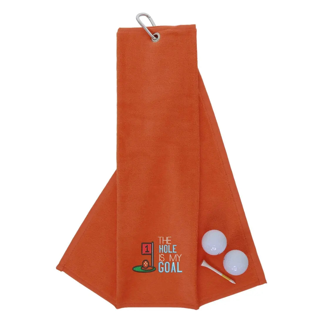 Tri-Fold Golf Towel Embroidered With Hole Is My Goal Logo Orange  