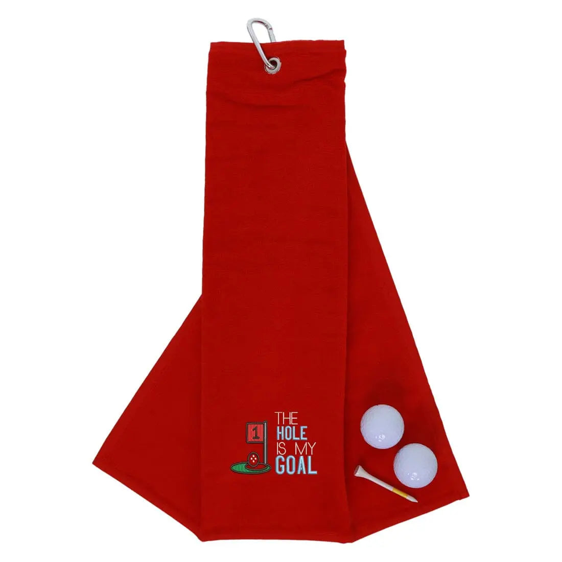 Tri-Fold Golf Towel Embroidered With Hole Is My Goal Logo Red  