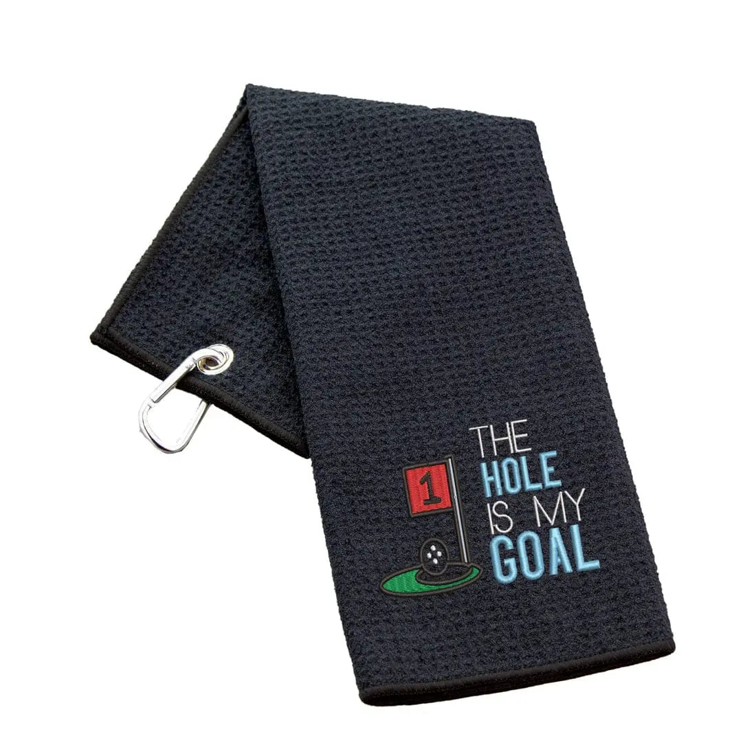 Tri-Fold Golf Towel Embroidered With Hole Is My Goal Logo Waffle Black  