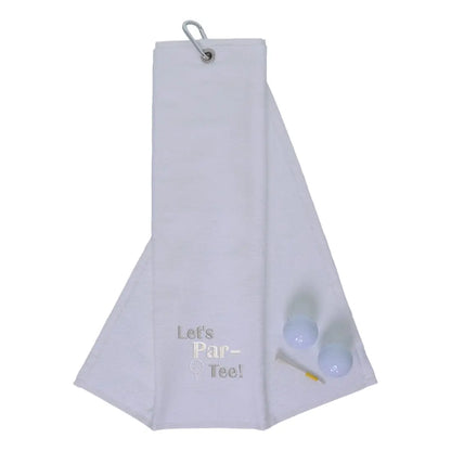 Tri-Fold Golf Towel Embroidered With Let's Par-Tee Novelty Golf Logo White  