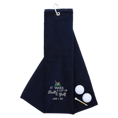 Tri-Fold Golf Towel Embroidered With Takes A Lot Of Balls Logo Navy  