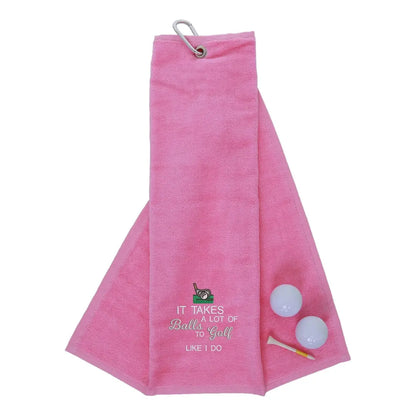 Tri-Fold Golf Towel Embroidered With Takes A Lot Of Balls Logo Pink  