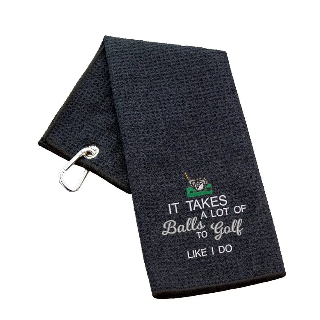 Tri-Fold Golf Towel Embroidered With Takes A Lot Of Balls Logo Waffle Black  