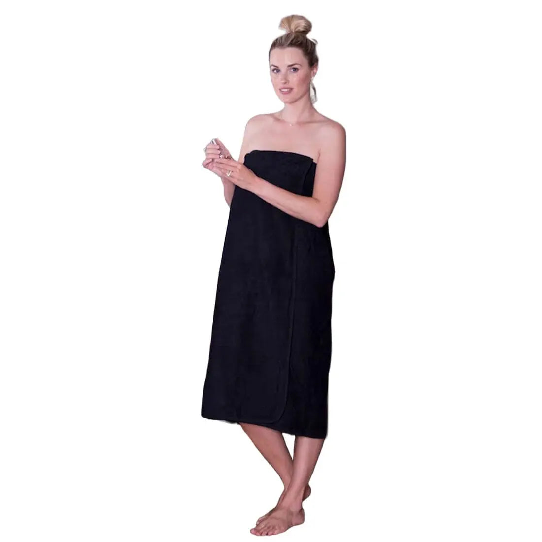 black sarong on blonde model against a white background